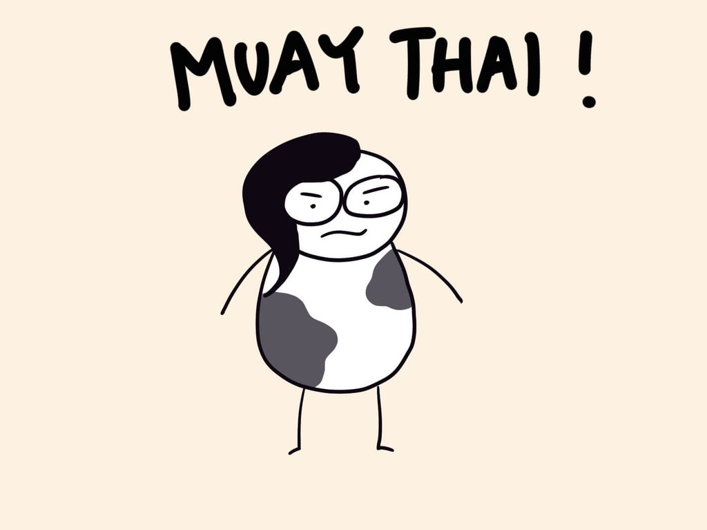 cartoon of me looking stubborn and determined with "MUAY THAI!" over my head.