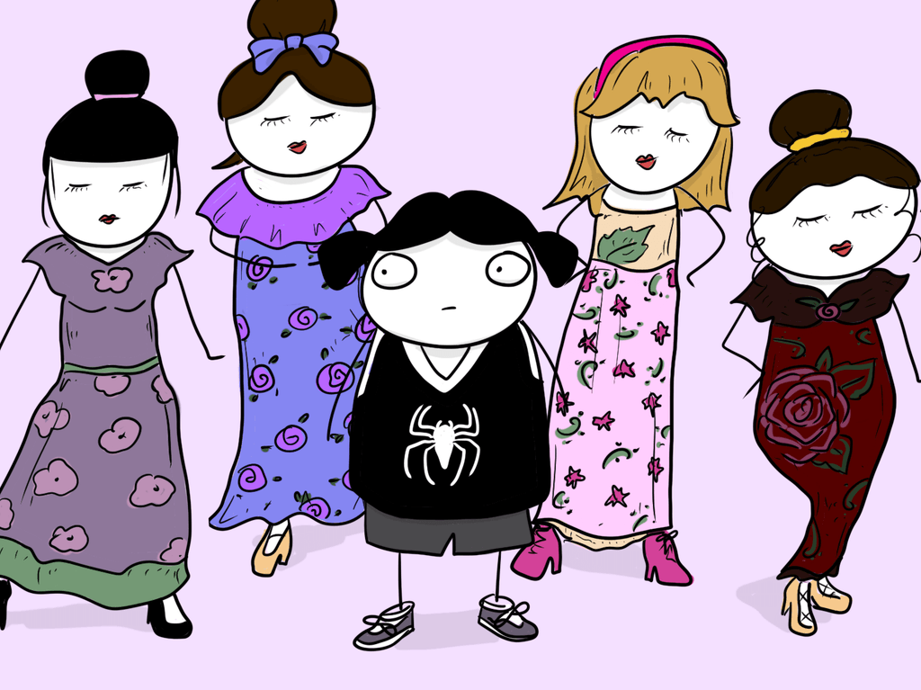 cartoon of the same ladies wearing flowery dresses with Rain in the front looking very out of place in her Spiderman tank and sneakers.