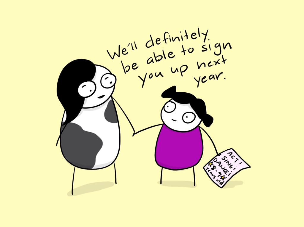 cartoon of me holding little Rain's hand. She is holding a flyer for a program and I am saying "We'll definitely be able to sign you up next year."