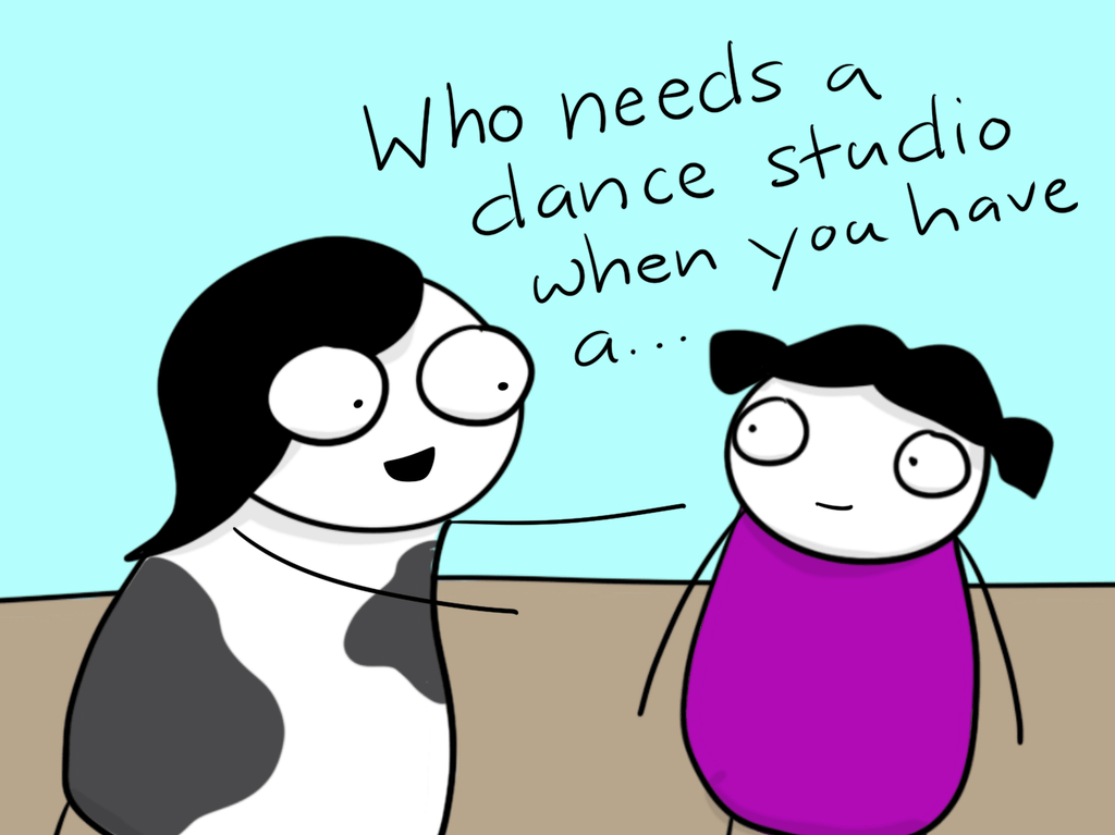 cartoon of me looking excited talking to Rain saying "Who needs a dance studio when you have a..."