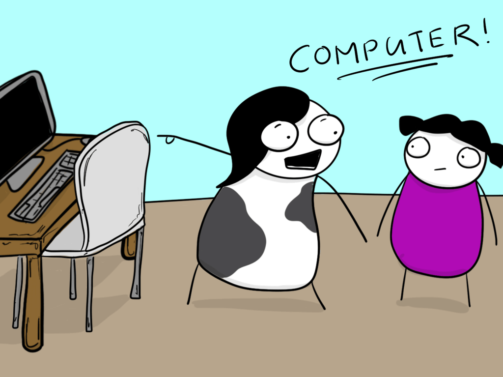 cartoon of me with Rain and I am excitedly pointing at a computer saying "computer!"