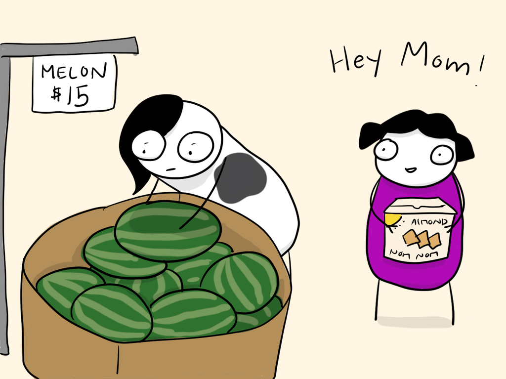 cartoon of Rain and I at the watermelon box in Costco. Rain is looking wide-eyes with wonder, holding almond crackers, and saying "Hey Mom!"