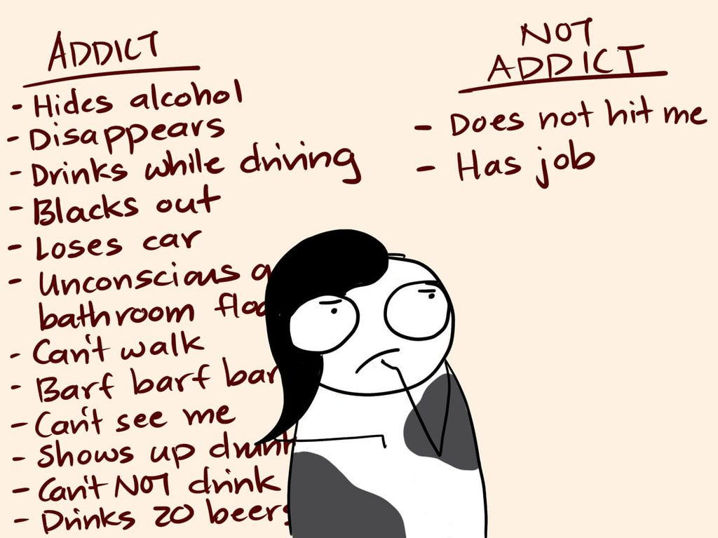 cartoon of me thinking hard in front of two lists. One says "addict" and has a bunch of reasons. The other says "not addict" and has two things, that he has a job and does not hit me.