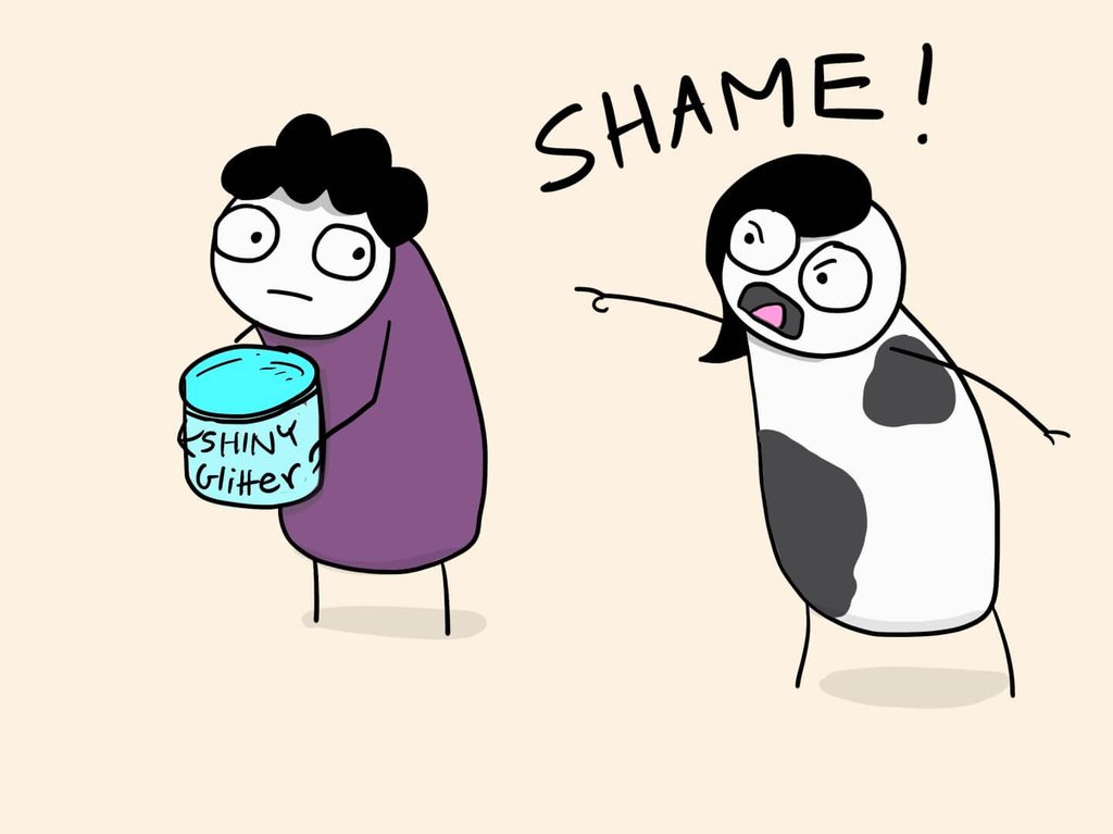 cartoon of me looking angry and yelling "SHAME!" at a scared lady holding a tub of glitter.