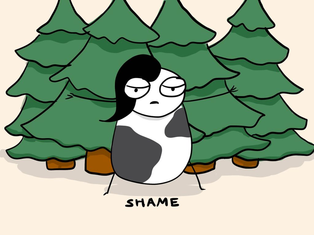 cartoon of me looking stubborn, standing with my arms spread out in protection in front of a bunch of Christmas trees. It says "Shame."