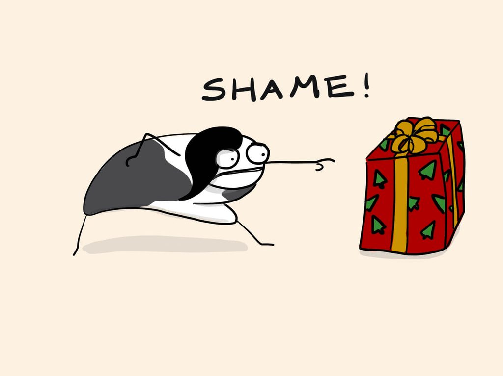 cartoon to me hunched over in anger pointing aggressively at a Christmas gift while saying "SHAME!"