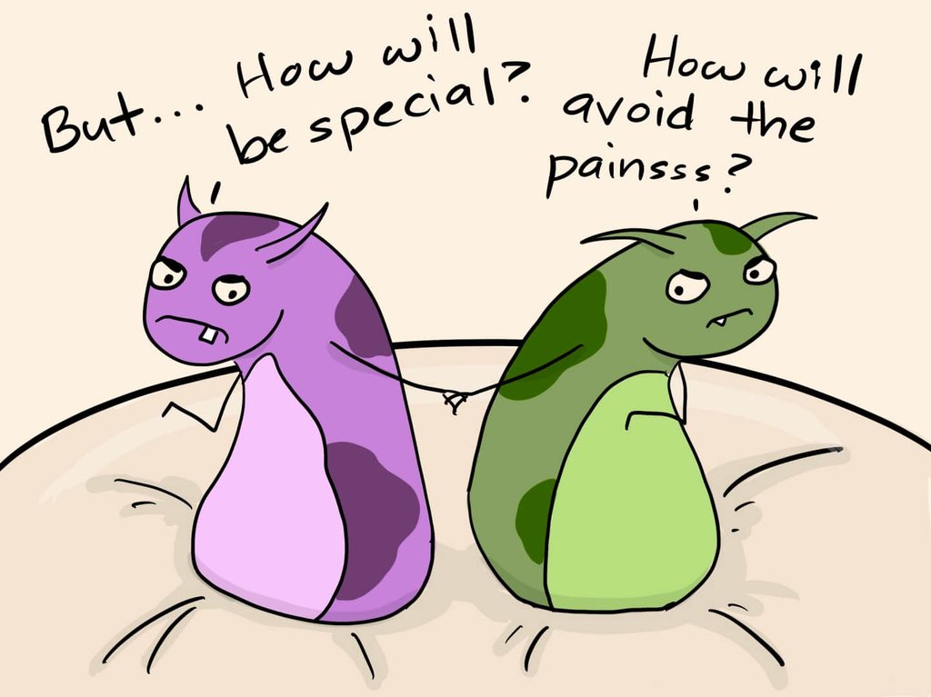 cartoon of the two creatures saying "But how will be special? How will avoid the painsss?" They are also holding hands.